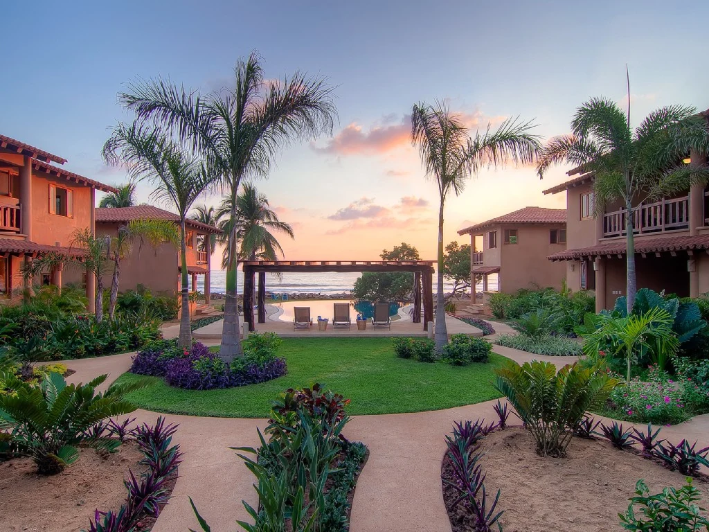 Tropical courtyard and gardens looking toward the ocean